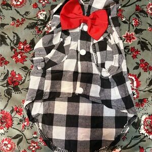 SHEIN Black and White Plaid Dog Shirt with Red Bow